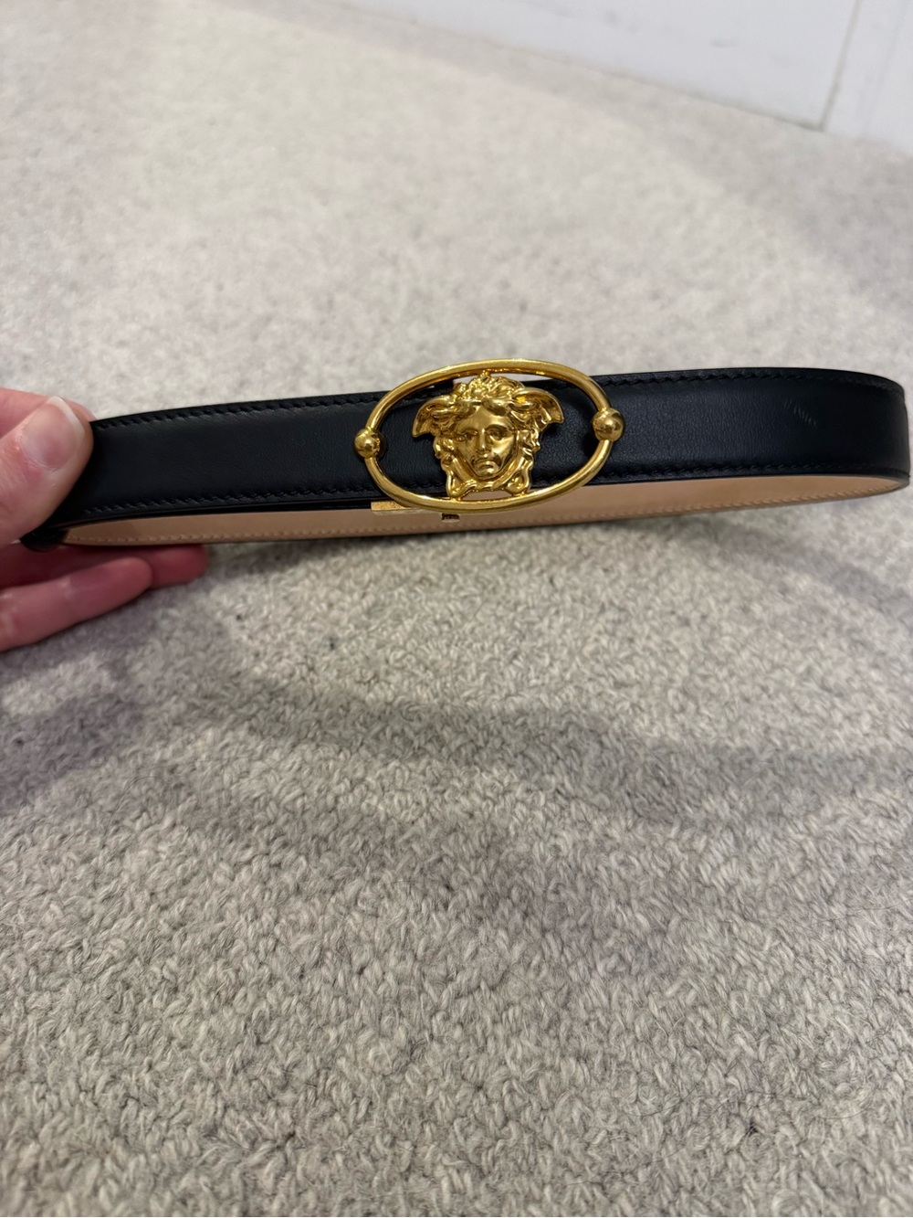 Authentic Versace Black Leather Belt with Gold Medusa Buckle